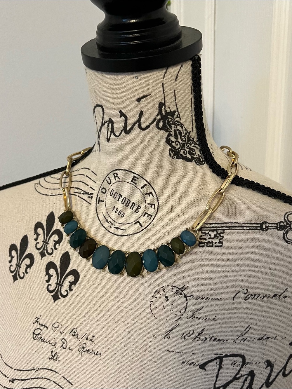 Gold Chain Necklace with Teal and Olive Gemstones